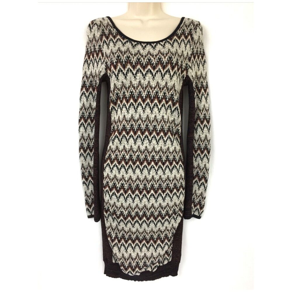 Free People Sweater Dress Large Women Brown Cozy Cabin Chevron Stripe Scoop Neck